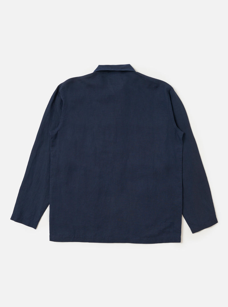 A navy blue linen-cotton blend Bakers overshirt is shown against a plain white background. The garment features a five-button front closure, a one-piece collar, one asymmetric chest pocket, and two large lower patch pockets. It has a straight-cut hem and plain, unbuttoned cuffs.