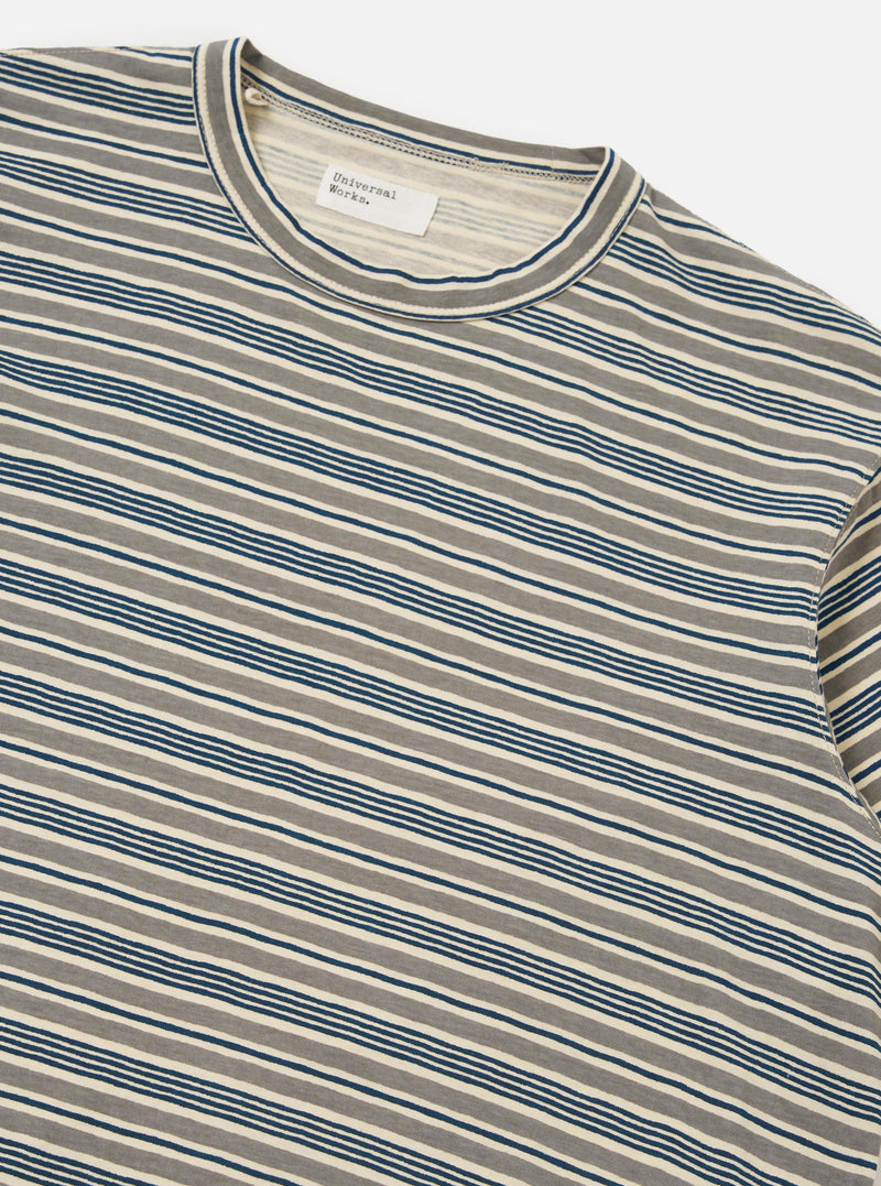 The Grey OS Stripe Jersey Core Tee is shown from a rear perspective, laid flat against a solid white background. The image highlights the short sleeves, a straight hem, and the horizontal grey and white stripe pattern of the jersey fabric.
