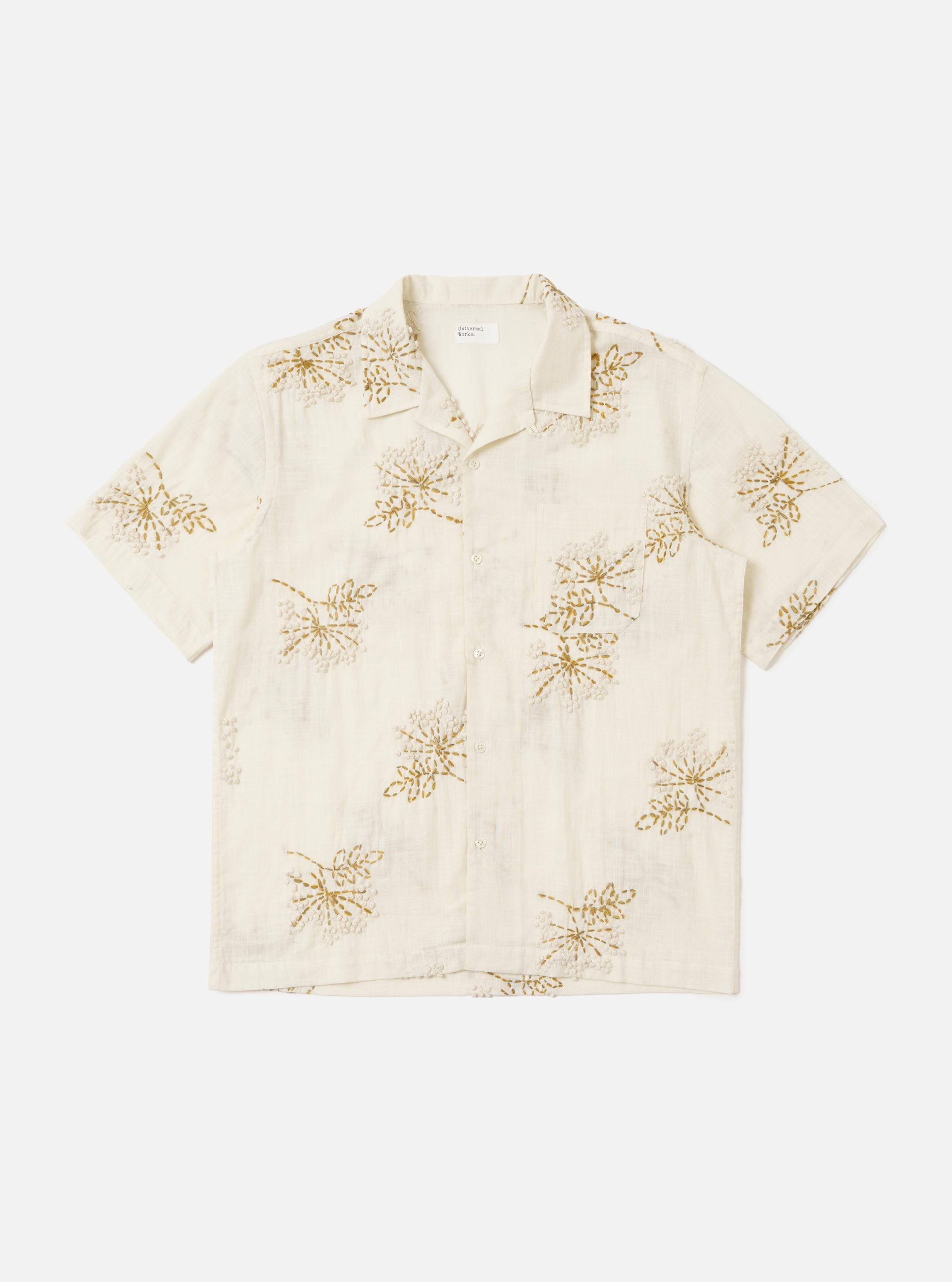 Men's Ecru Hand Embroidered Cotton Road Camp Collar Shirt