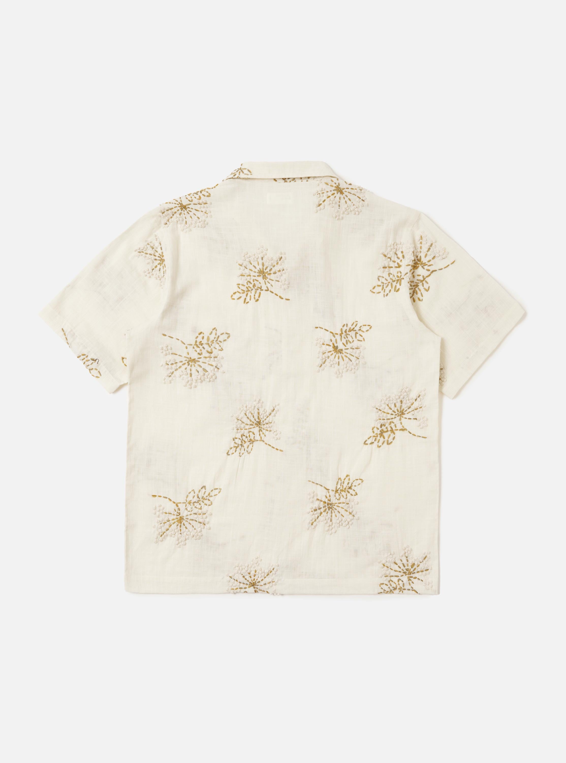 Men's Ecru Hand Embroidered Cotton Road Camp Collar Shirt