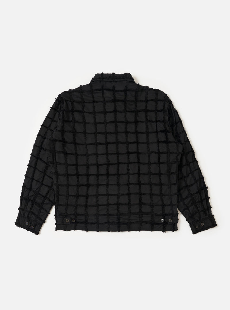 The back of the Black 3D Check Windcheater Jacket is shown from a rear perspective, laid flat against a plain white background. The image highlights the jacket's short, coach-style silhouette, a classic pointed collar, and the textured 3D check pattern of the black fabric.