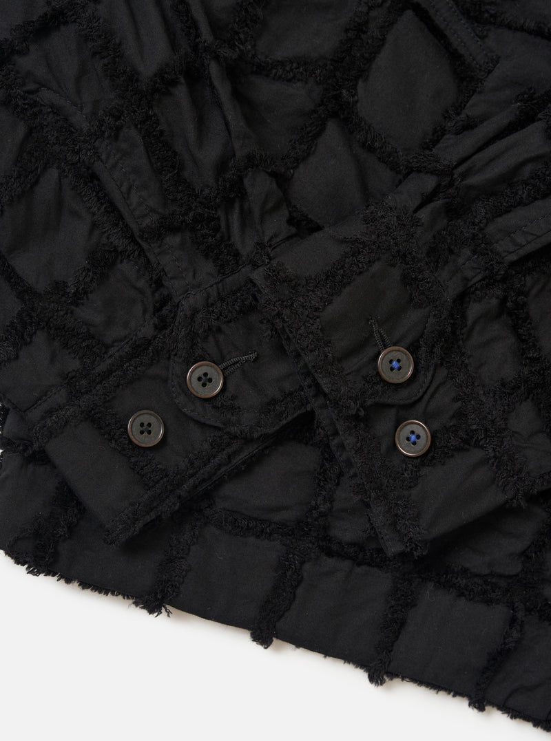 The Black 3D Check Windcheater Jacket is shown from the back, laid flat against a plain white background. The image highlights the straight hem, the subtle texture of the 3D check fabric, and the construction of the sleeves and shoulders.