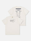 The Paraboot x Universal Works Ecru Single Jersey Short Sleeve Tee. Two ecru tees on a white background, one with front logo, the other with a cartoon print on the back.