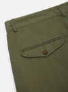 Close-up of the Light Olive Twill Curved Pant on a white background, showing the back pocket with a button.