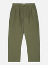Light olive twill double pleat pant on a white background. The pants are neatly folded, showcasing the color, material, and fit. 