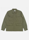The Light Olive Twill MW Fatigue Jacket is laid flat on a white background. The jacket is light olive and made of twill. It has a relaxed fit and four front pockets.