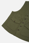 Close-up of the Light Olive Twill Field Waistcoat on a white background. The waistcoat is light olive with brown buttons and multiple pockets.