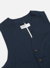 Close-up of the Navy Twill Field Waistcoat on a white background. The waistcoat is a dark navy blue and made of twill. It has a V-neck and brown buttons.