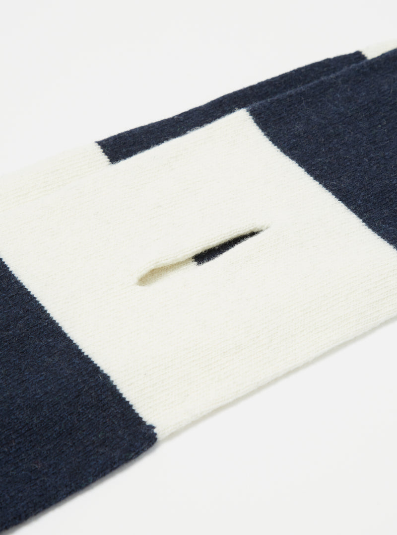 Close-up of the Navy/Ecru Soft Wool Deluxe Football Scarf on a white background, showing the navy and ecru stripes and the soft wool texture.